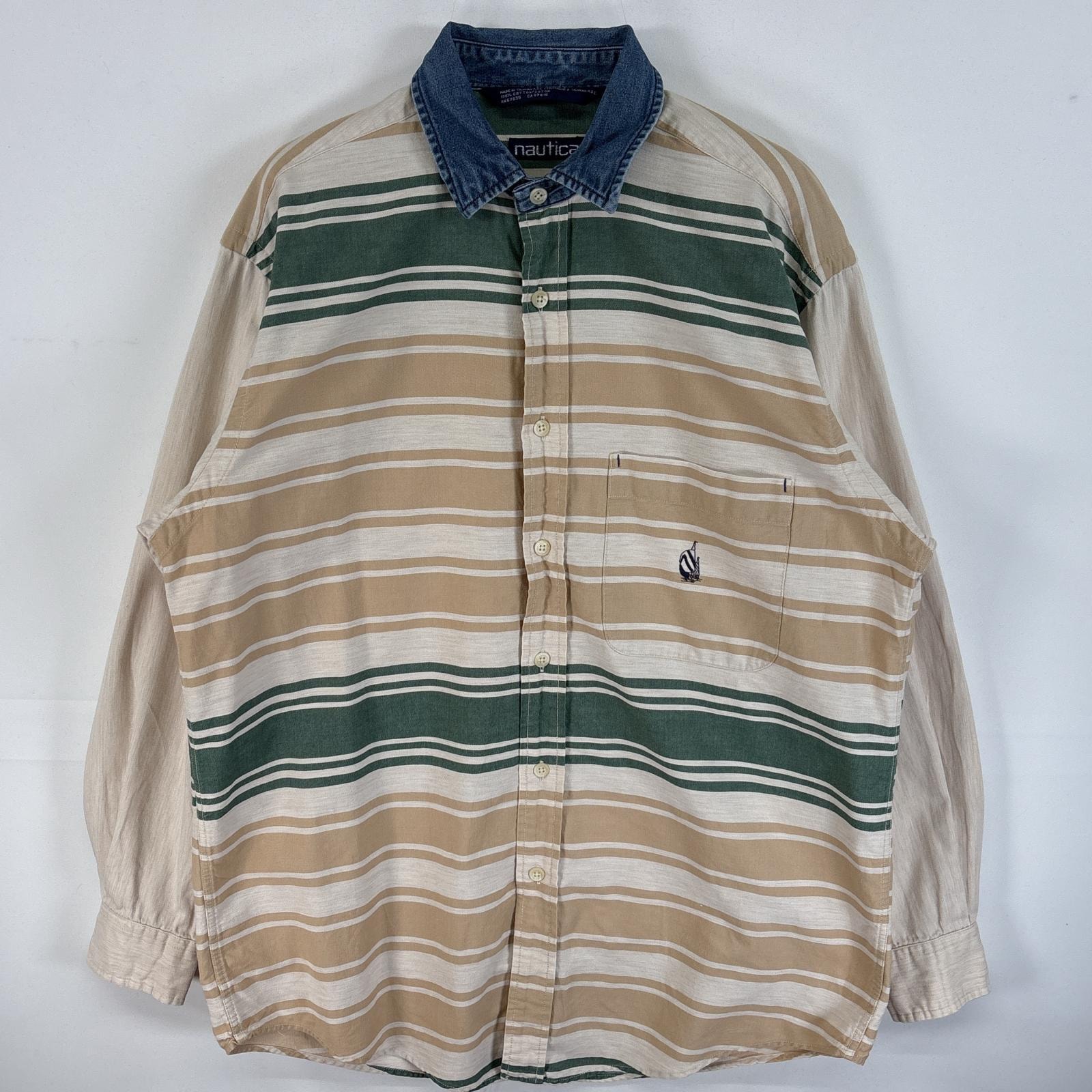 古着 90's/90年代 ノーティカ NAUTICA 長袖シャツ 襟 デニム切替 ボーダー ワンポイント ロゴ 刺繍 M  ベージュ系 マルチカラー メンズ