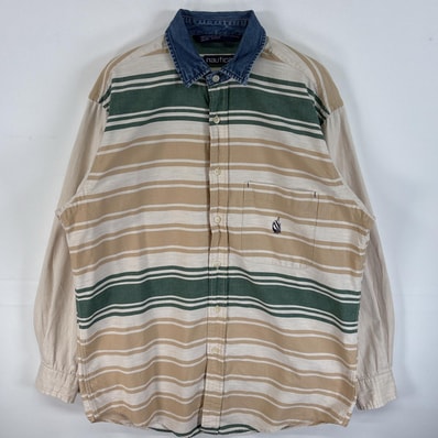古着 90's/90年代 ノーティカ NAUTICA 長袖シャツ 襟 デニム切替 ボーダー ワンポイント ロゴ 刺繍 M ベージュ系 マルチカラー メンズ