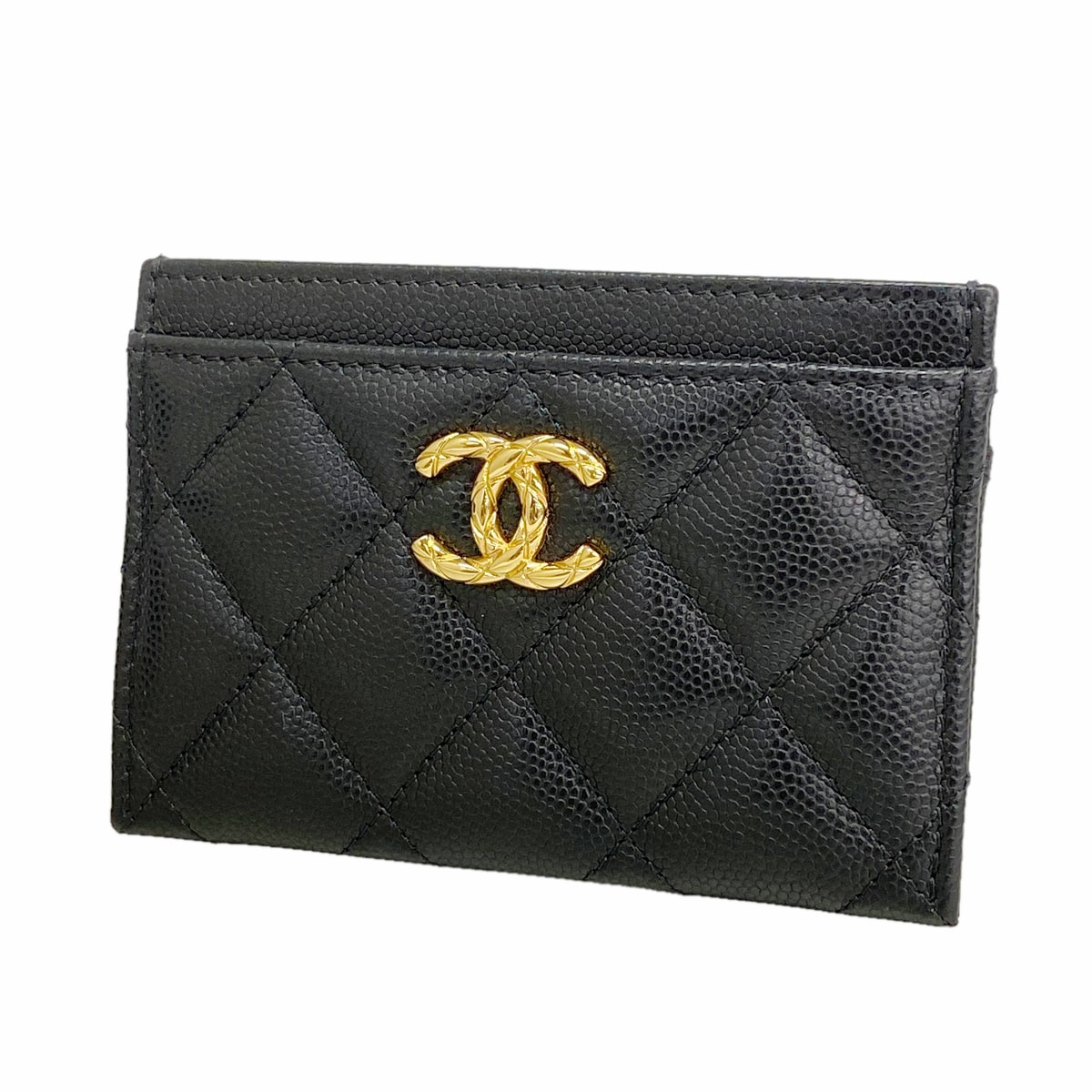 ★SALE【6hc1683-k】シャネル カードケース マトラッセ キャビアスキン ブラック ゴールド金具【中古】レディース