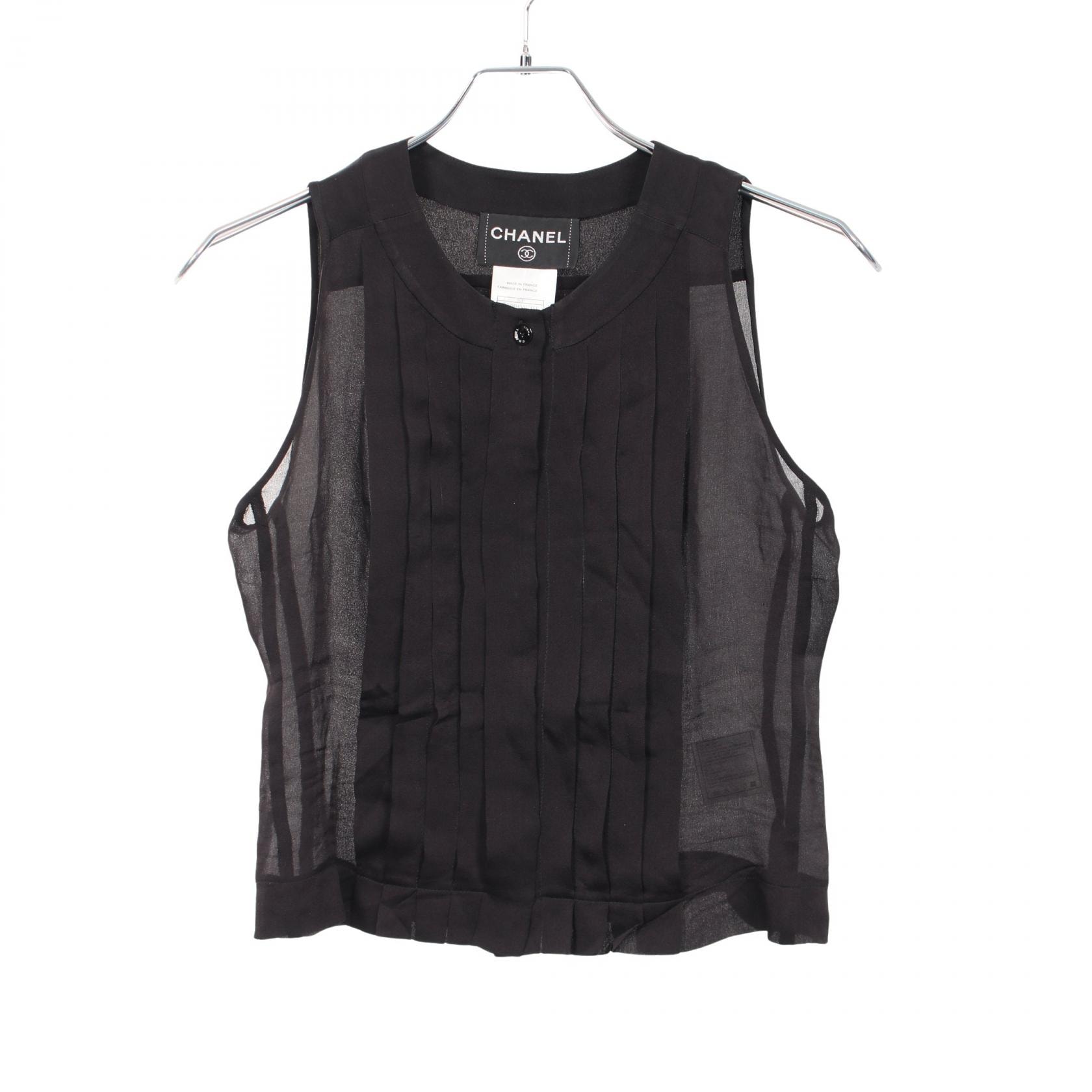 シャネル CHANEL ノースリーブ プリーツ ブラウス 衣料品 トップス シルク レディース ブラック系 P20804V07411 【中古】