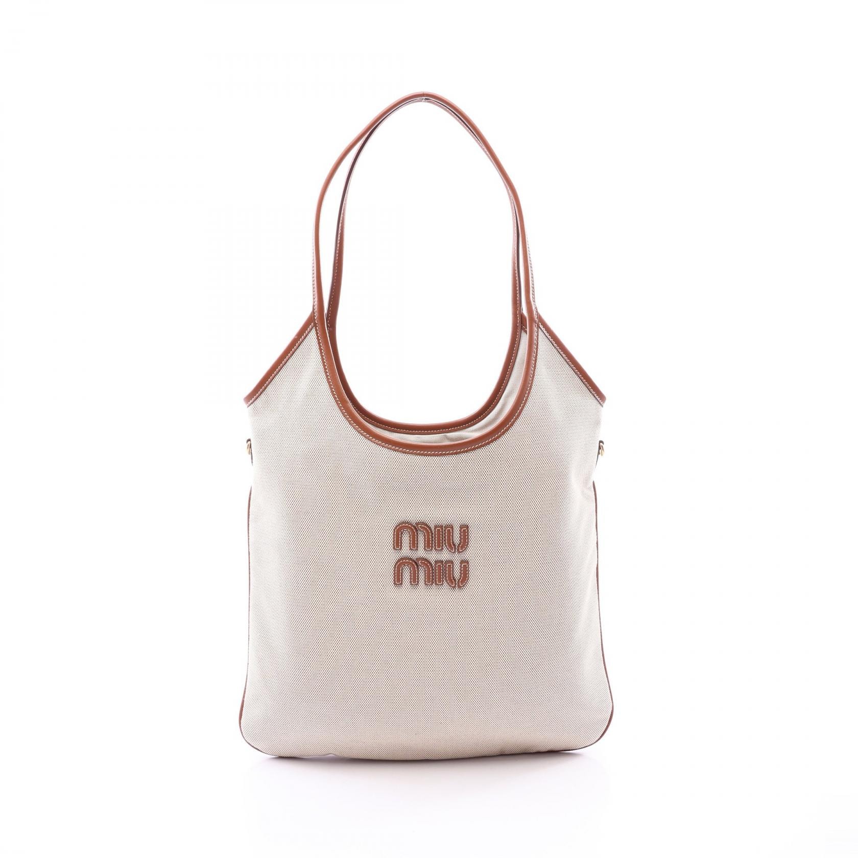 ミュウ ミュウ Miu Miu IVY アイビー トートバッグ バッグ キャンバス レザー レディース アイボリー系 / ブラウン系 【中古】