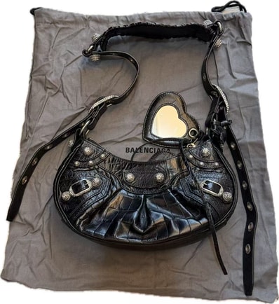 BALENCIAGA Le Cagole XS Shoulder Bag Crocodile Embossed With Rhinestones "Black"