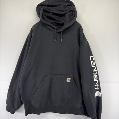 古着 カーハート Carhartt スウェット 大きいサイズ ロゴ プルオーバー パーカー 袖ロゴ プリント 2XL ブラック メンズ