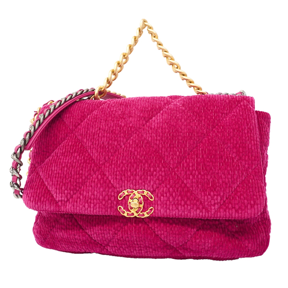 【6kd3903】シャネル ショルダーバッグ チェーンショルダー シャネル19 コーデュロイ ピンク ゴールド金具【中古】レディース