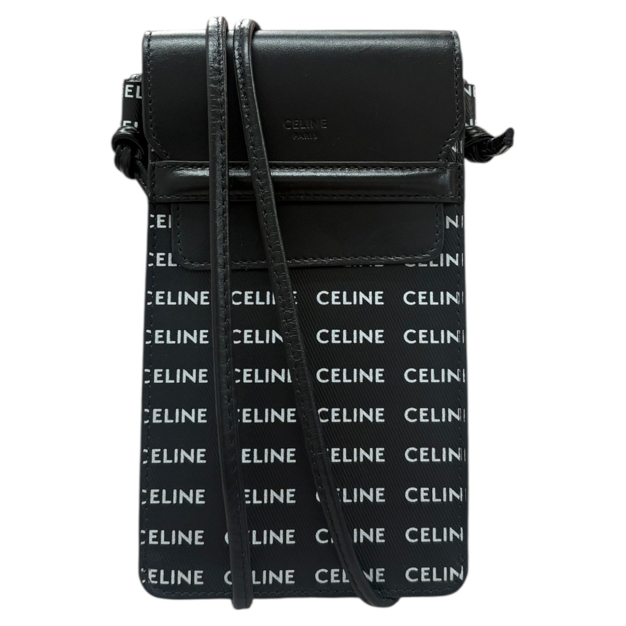 美品 CELINE セリーヌ ロゴプリント ブラック ホワイト レザー ショルダーバッグ フォンポーチ モバイルポーチ S1-00011 【中古】