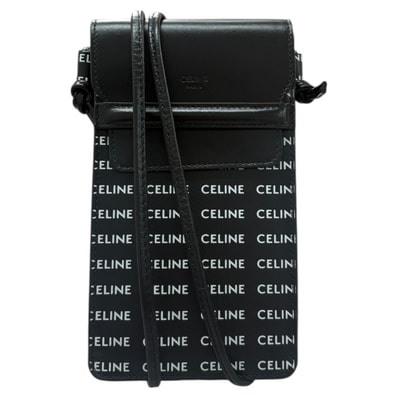 美品 CELINE セリーヌ ロゴプリント ブラック ホワイト レザー ショルダーバッグ フォンポーチ モバイルポーチ S1-00011 【中古】