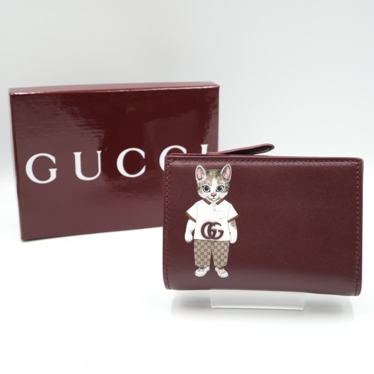 GUCCI(グッチ)ヒグチユウコ 日本限定 二つ折り財布 コンパクトウォレット ボルドー レザー 猫モチーフ レディース 548058【中古】