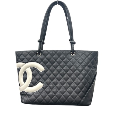 CHANEL シャネル カンボンライン ラージ トートバッグ A25169 レザー 9番台シリアル ブラック ホワイト ショッピングバッグ ハンドバッグ シルバー金具 ココマーク Bランク 鑑定済 中古 シャネルバッグ