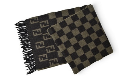 フェンディ マフラー FENDI ウインタースカーフ リバーシブル ウール100% FFロゴ/ズッカ柄/チェック ブラック/グレー【中古】