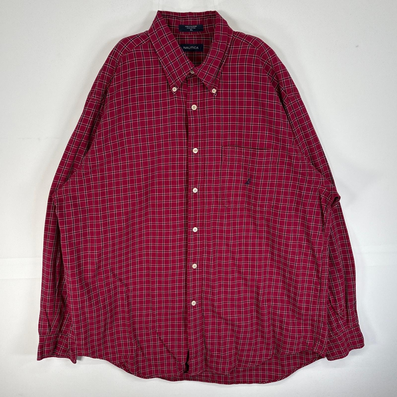 古着 ノーティカ NAUTICA 長袖シャツ チェック ロゴ 刺繍 大きいサイズ XL  レッド系 マルチカラー メンズ