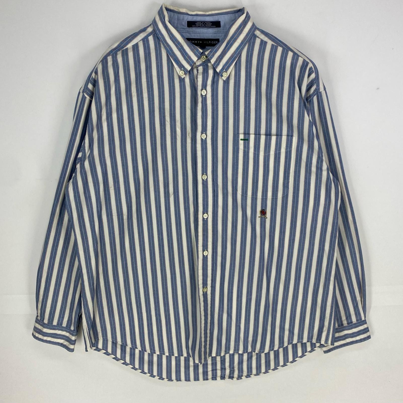 古着 トミーヒルフィガー TOMMY HILFIGER 長袖シャツ ボタンダウン 胸ポケット ワンポイントロゴ XL 水色系 ストライプ メンズ