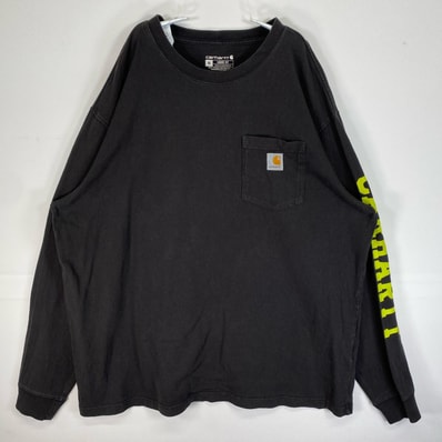 古着 カーハート Carhartt 長袖Tシャツ 肉厚 大きいサイズ ワンポイント ロゴ XL ブラック系 袖プリント メンズ