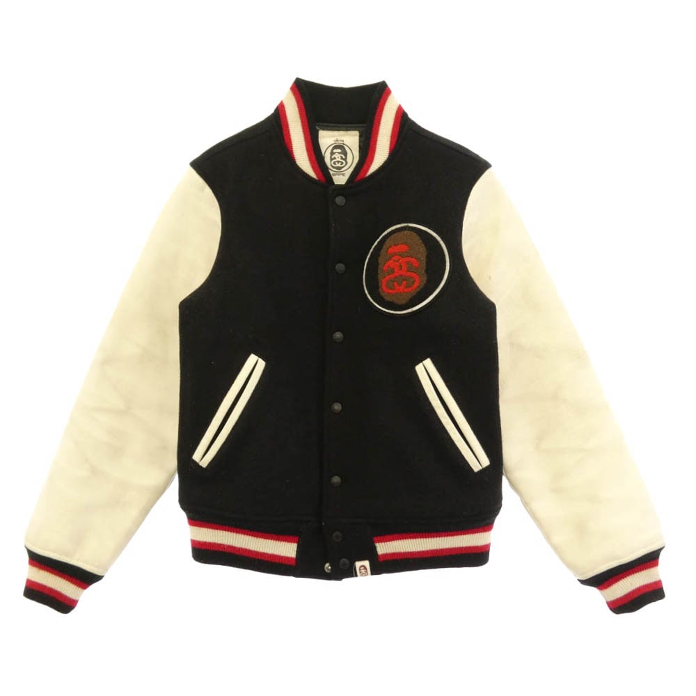 A BATHING APE アベイシングエイプ STUSSY ステューシー 001HJ0731927X × STUSSY VARSITY JACKET ステューシー バック 刺繍 バーシティ ジャケット 袖 レザー ウール スタジャン 【中古】