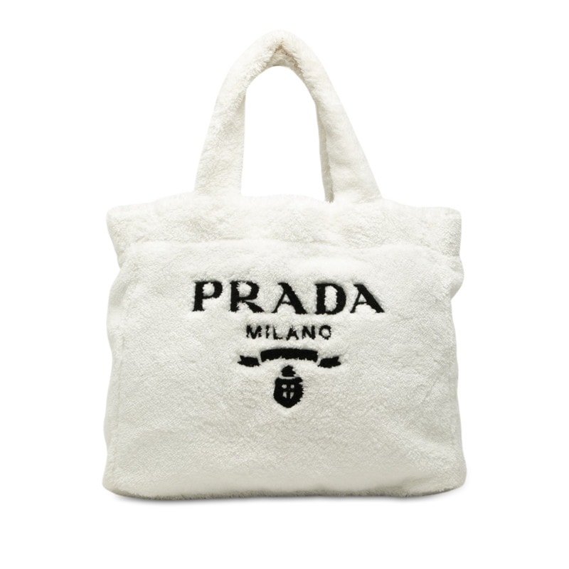 プラダ 三角ロゴプレート トートバッグ ハンドバッグ ホワイト パイル レディース PRADA 中古