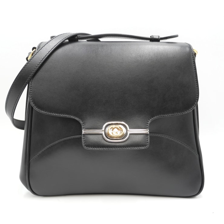 GUCCI(グッチ)インターロッキングG ショルダーバッグ ハンドバッグ 2WAY ブラック レザー ゴールド金具 レディース 598096【中古】