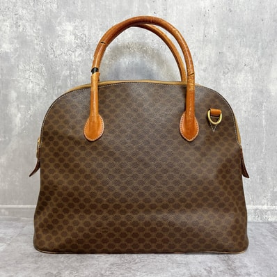【CELINE】セリーヌ マカダム柄 ドーム型 ボストンバッグ ハンドバッグ PVC レザー ブラウン キャメル イタリア製 ヴィンテージ レディース