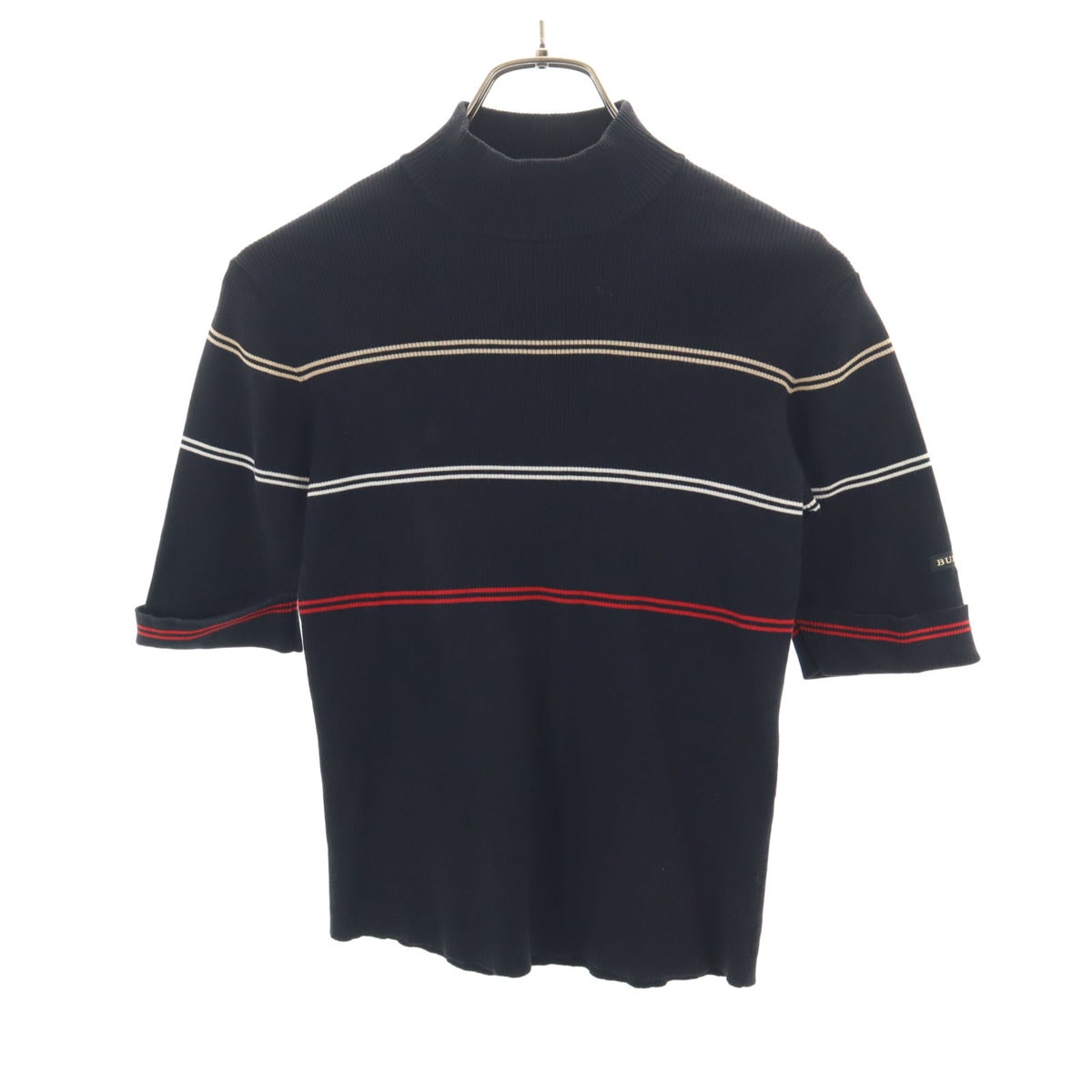 BURBERRY GOLF バーバリーゴルフ ボーダー柄 半袖 ハイネック リブ ニット M ブラック 三陽商会