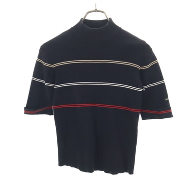 BURBERRY GOLF バーバリーゴルフ ボーダー柄 半袖 ハイネック リブ ニット M ブラック 三陽商会
