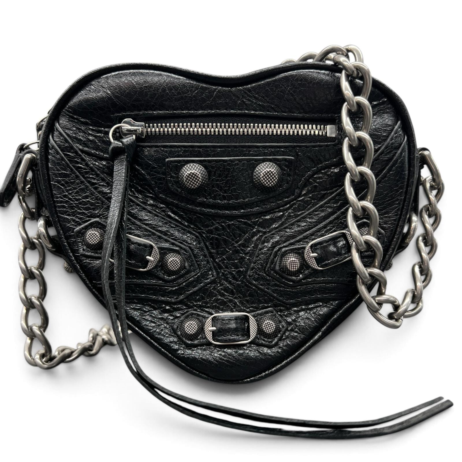 BALENCIAGA 極美品 バレンシアガ Le Cagole ル カゴール ハート チェーンショルダーバッグ 722781 レザー ブラック クロスボディ ポシェット スタッズ Y2K Aランク 中古 鑑定済