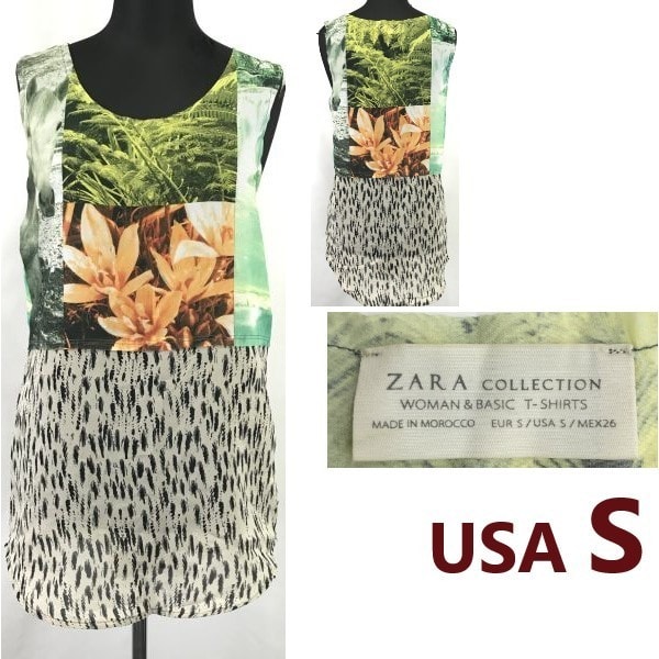 ZARA COLLECTION/ザラ★ボタニカル柄/ノースリーブカットソー/ワンピース【USA S/レディースM程度】Tシャツ/花/草/dress/Tops◆sBH950