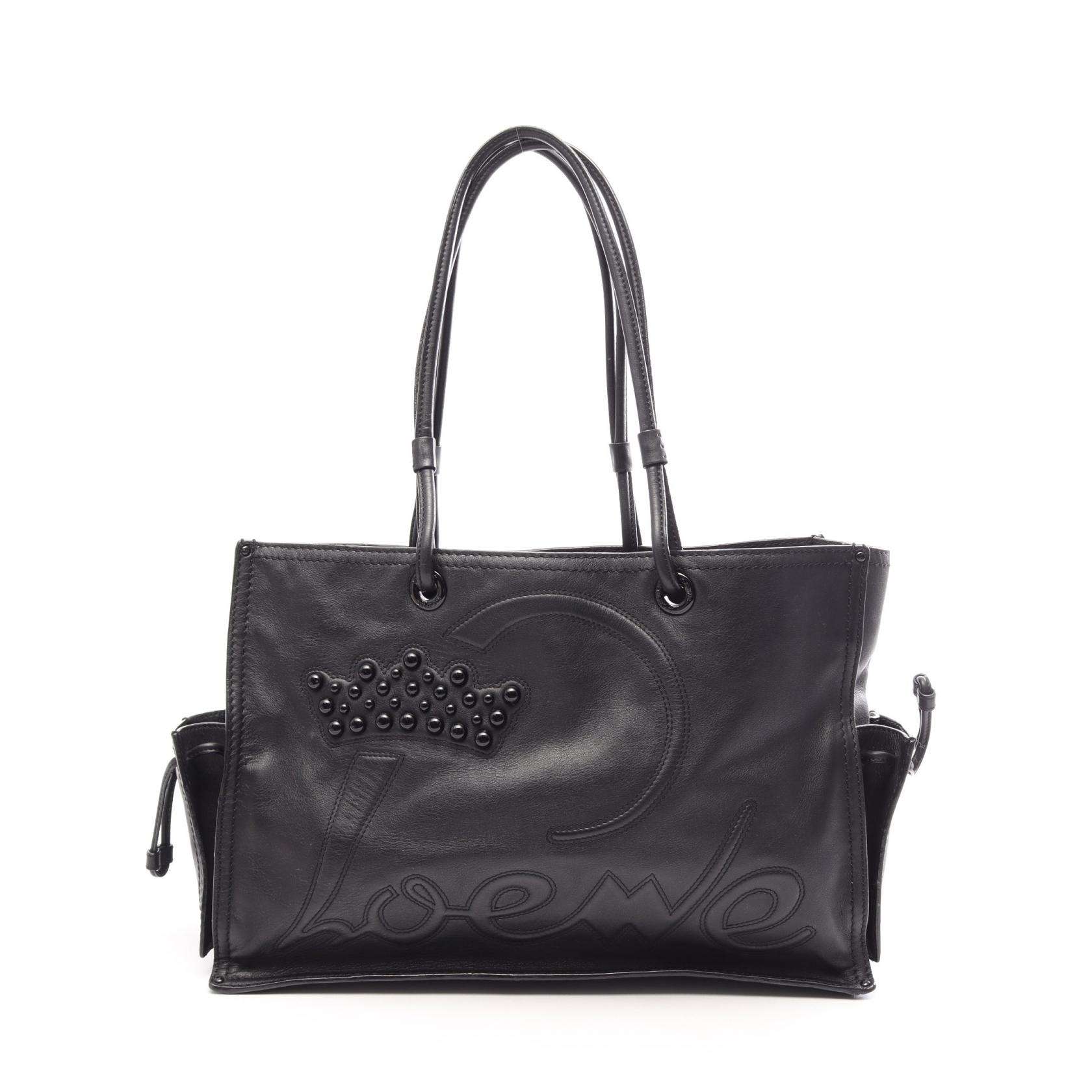 ロエベ LOEWE クラウン ロゴ トートバッグ バッグ レザー レディース ブラック系 【中古】