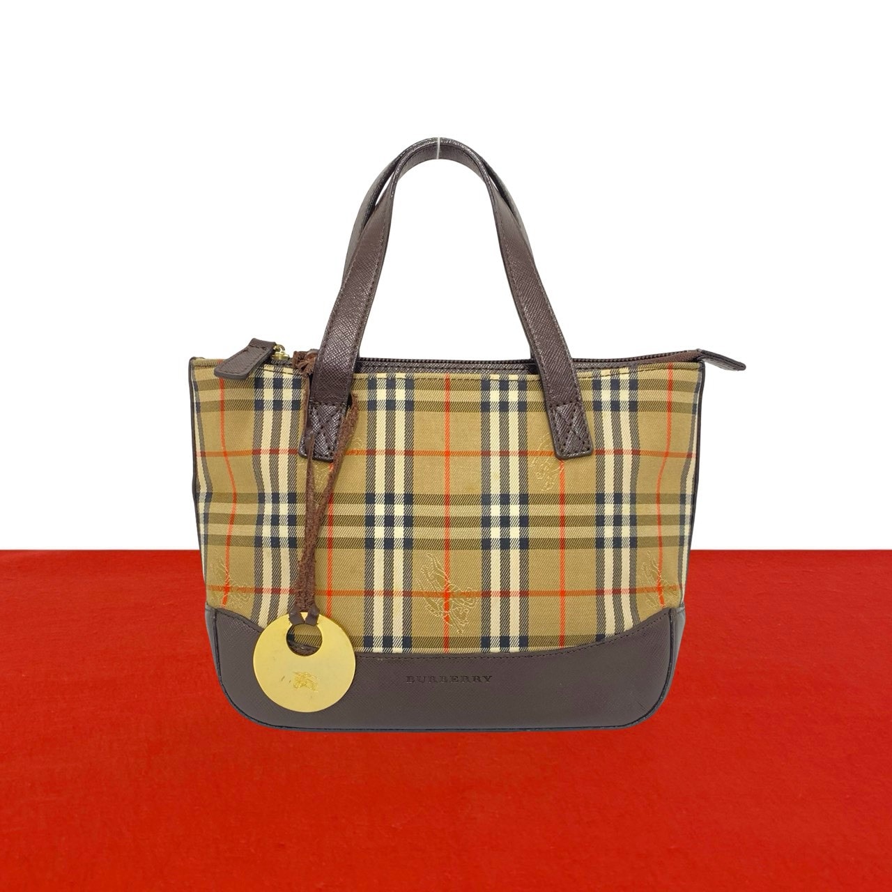 BURBERRY バーバリー ノバチェック シャドーホース 柄 キャンバス レザー ハンドバッグ ブラウン
 42471