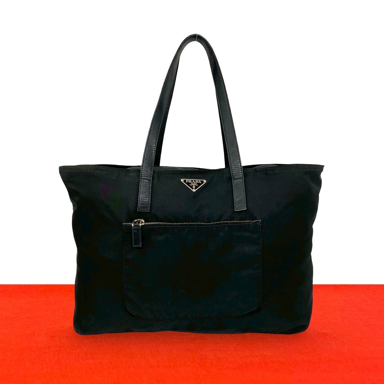 PRADA プラダ 三角ロゴ 金具 ナイロン レザー トートバッグ ブラック
 69057