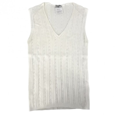 CHANEL シャネル タンクトップ ノースリーブ アパレル 服 トップス ストライプ レース 42 ホワイト 白 コットン レディース 夏 美品【中古品】