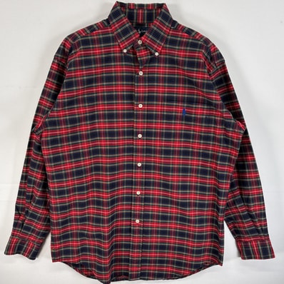 古着 90's/90年代 ラルフローレン RALPH LAUREN 長袖シャツ ワンポイント ロゴ 刺繍 タータンチェック ボタンダウンシャツ S レッド系 マルチカラー メンズ