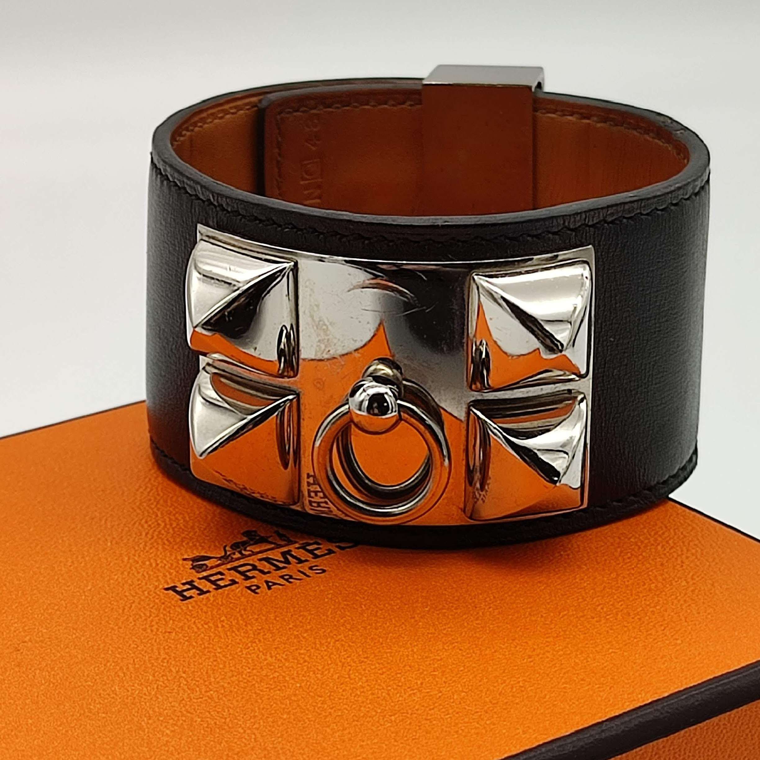 HERMES Collier De Chien Plating Leather Bracelet "Black"