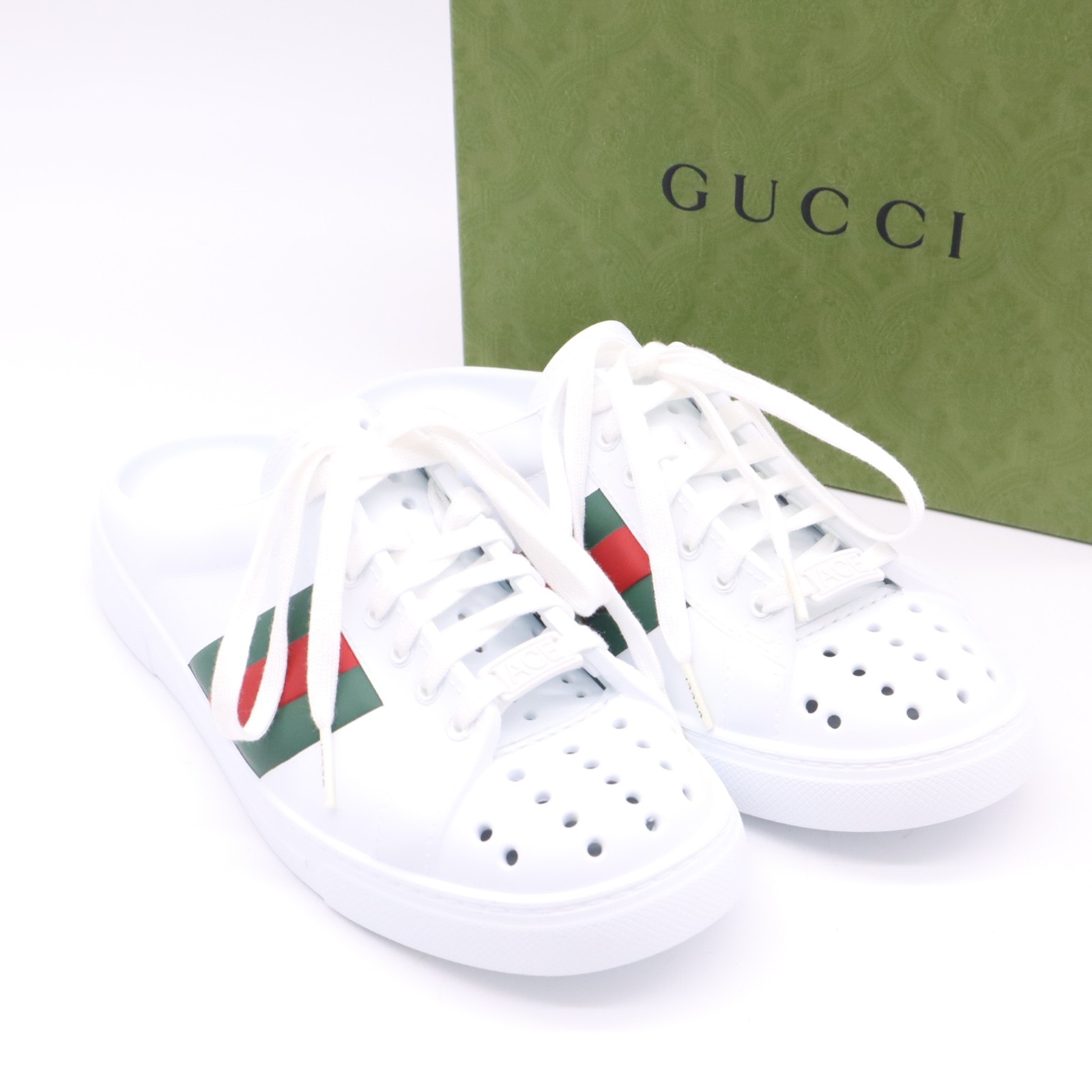 未使用 GUCCI グッチ シェリーライン エース ラバー レースアップ スリッポン  5 25 652520 その他靴 ホワイト グリーン レッド ラバー レディース