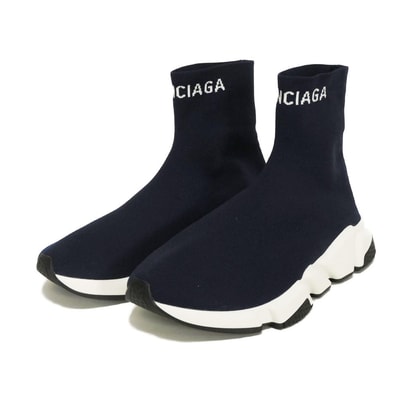 BALENCIAGA バレンシアガ スピードトレーナー ハイカット 40 ソックス シューズ 26.5cm 美品 ロゴ ファブリック ネイビー スニーカー 549823 W1P20 4282