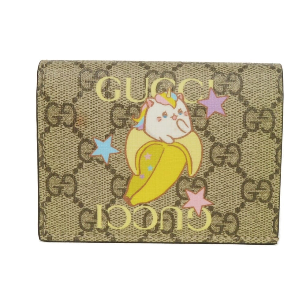 GUCCI グッチ ばなにゃ コンパクト ウォレット レインボー&ハートスター ロゴ バナナ ネコ スナップボタン 札入れ カードケース コインケース GGスプリーム ベージュ 二つ折り財布 701009 U2UAG 8679