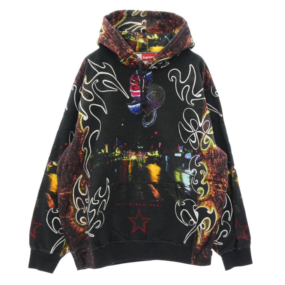 Supreme シュプリーム パーカー 22SS East Broadway Hooded Sweatshirt イースト ブロードウェイ フーデッド スウェットシャツ パーカー フーディー チャコール系 マルチカラー系 XL【美品】【中古】