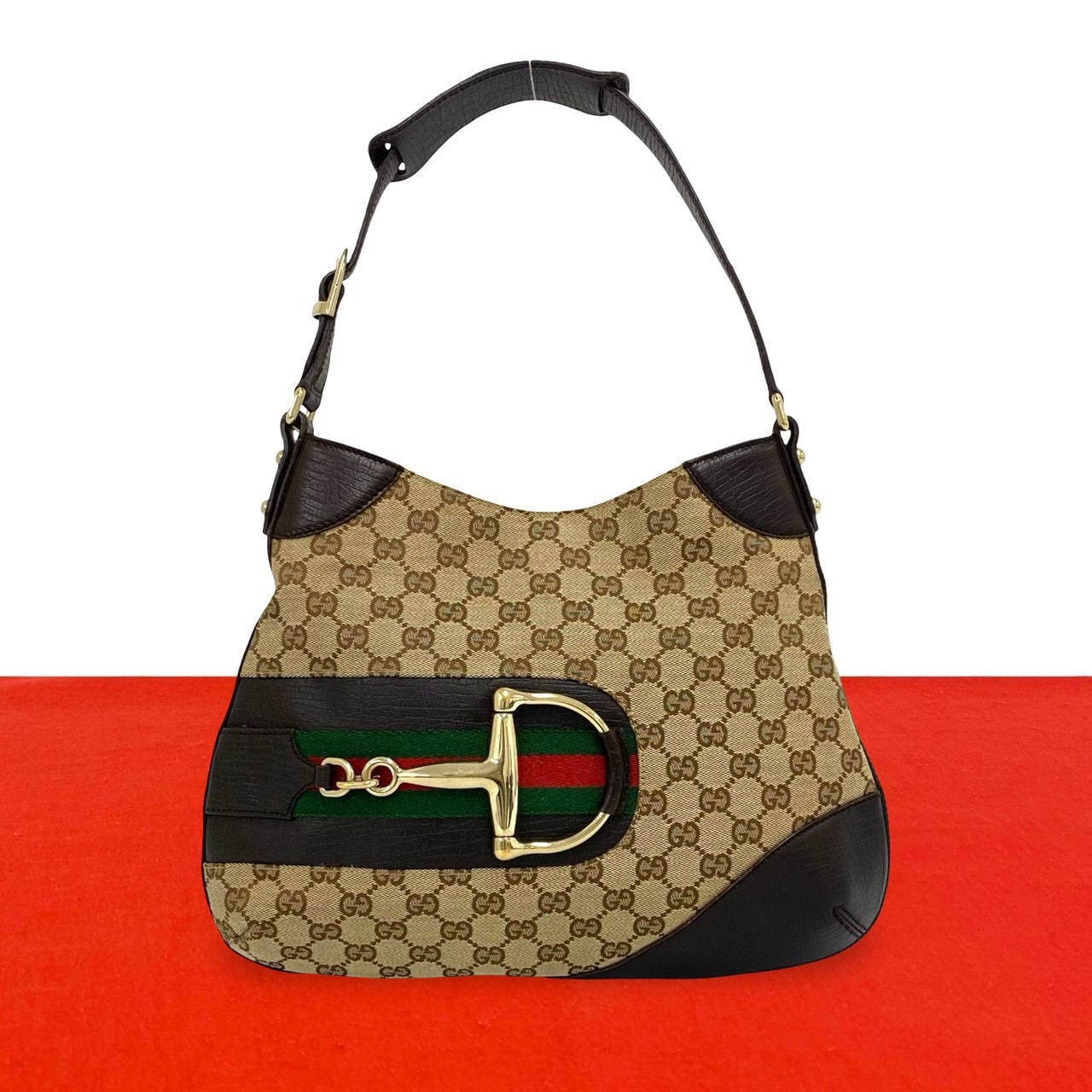 GUCCI グッチ GG 柄 ホースビット 金具 キャンバス レザー ショルダーバッグ ブラウン
 24249