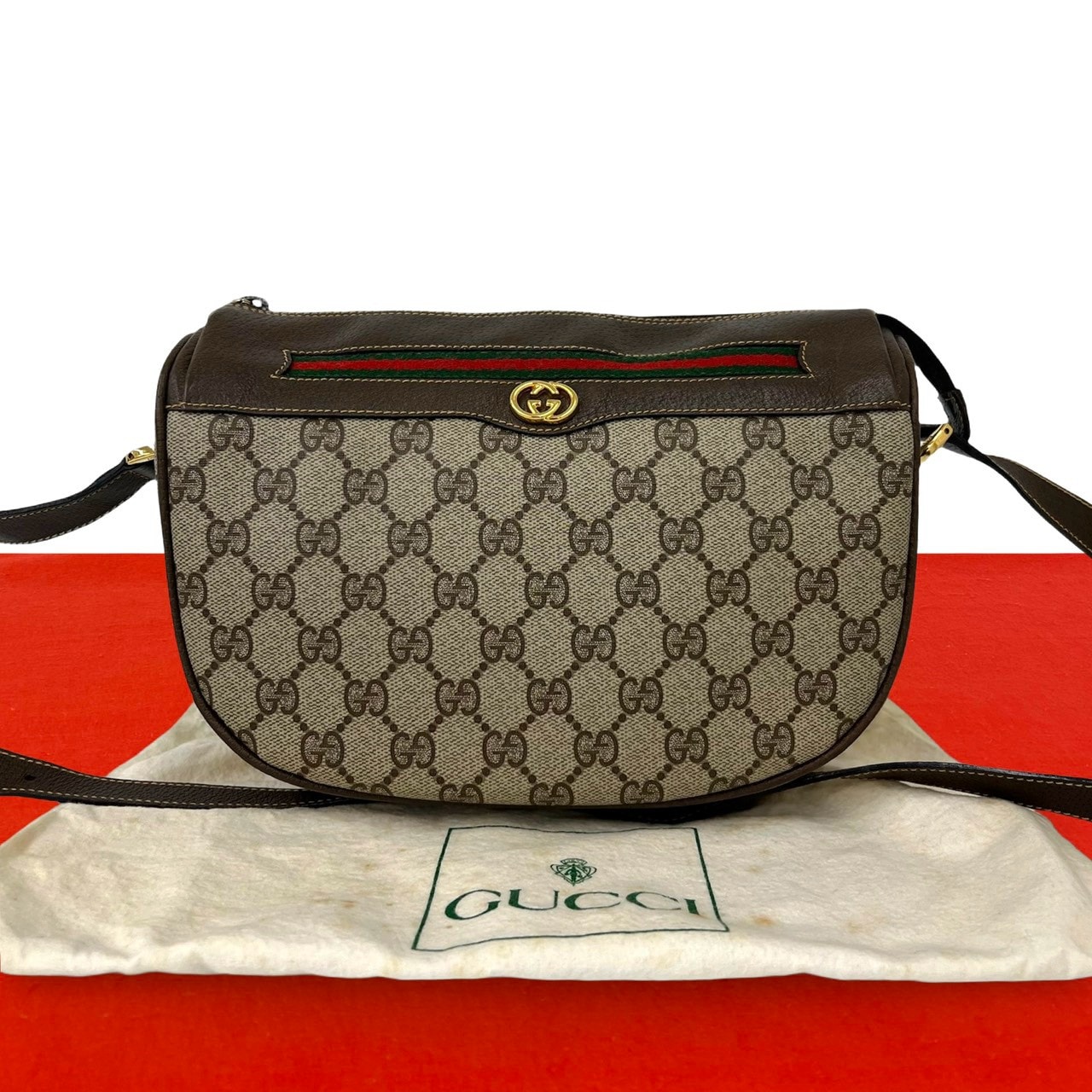 GUCCI グッチ シェリーライン GG 柄 ロゴ金具 レザー PVC ショルダーバッグ ブラウン
 810-5