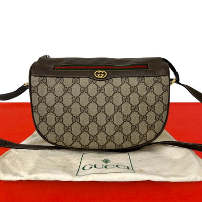 GUCCI グッチ シェリーライン GG 柄 ロゴ金具 レザー PVC ショルダーバッグ ブラウン
810-5