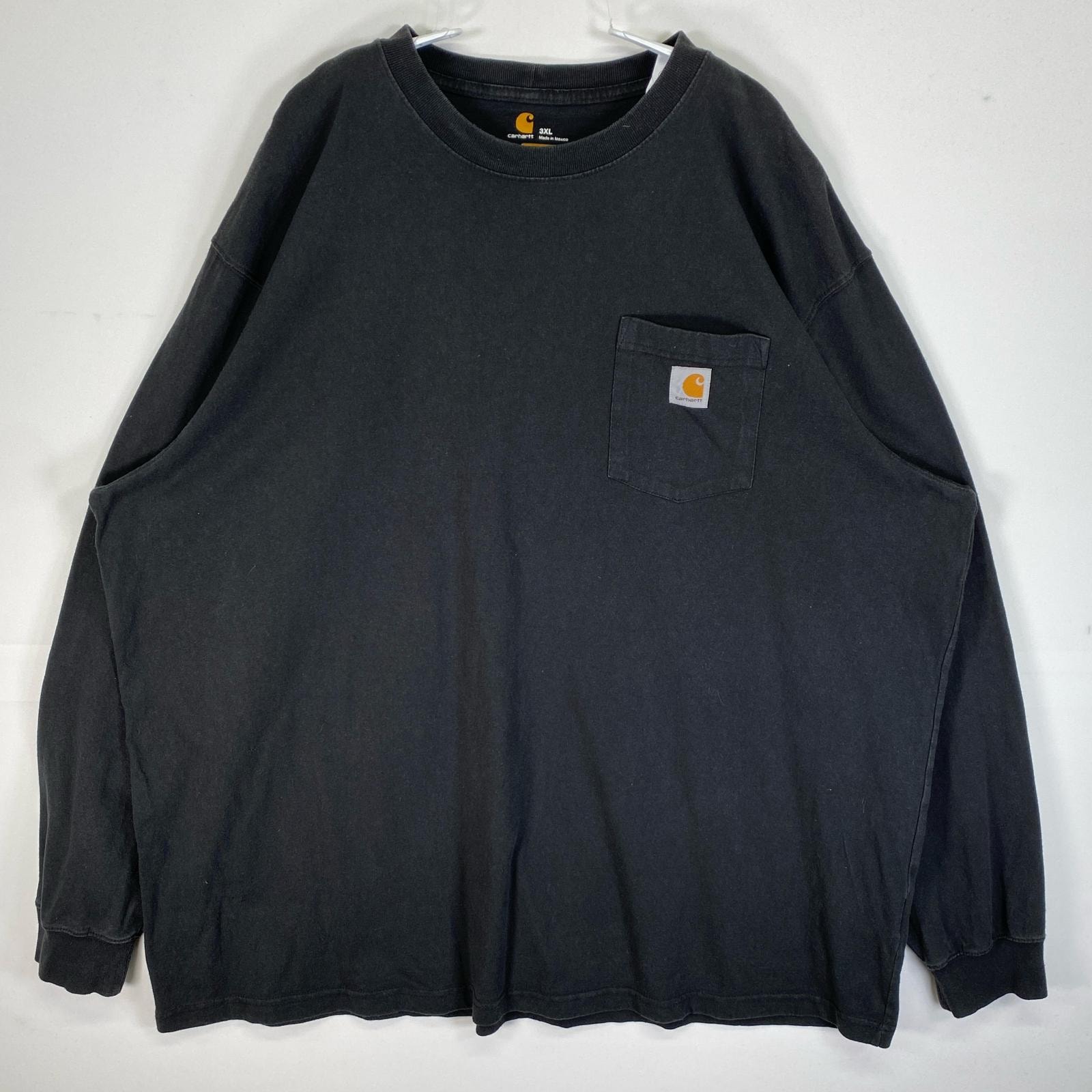 古着 カーハート Carhartt 長袖Tシャツ 肉厚 大きいサイズ ワーク 胸ポケ ワンポイント ロゴ 3XL  ブラック 無地 メンズ
