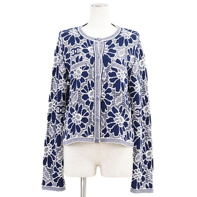 【美品】 シャネル カーディガン ニット ジャガード COCOマーク クルーネック ウール/コットン ニット レディース ブルー 38 CHANEL