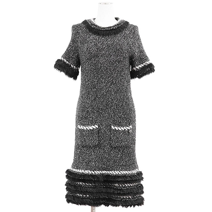 【美品】 シャネル メランジニット/フェイクファー コンビネーション カシミヤブレンド ローゲージ ワンピース レディース ブラック ホワイト 38 CHANEL