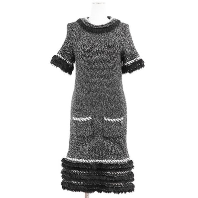 【美品】 シャネル メランジニット/フェイクファー コンビネーション カシミヤブレンド ローゲージ ワンピース レディース ブラック ホワイト 38 CHANEL