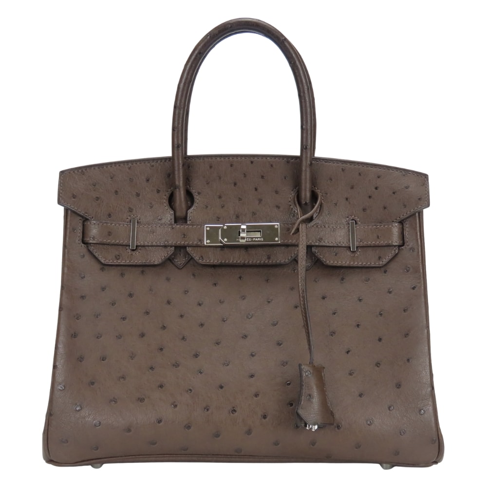 【中古】 エルメス ハンドバッグ バーキン30 オーストリッチ ダークブラウン シルバー金具 レインカバーNo3 レディース 女性 HERMES
