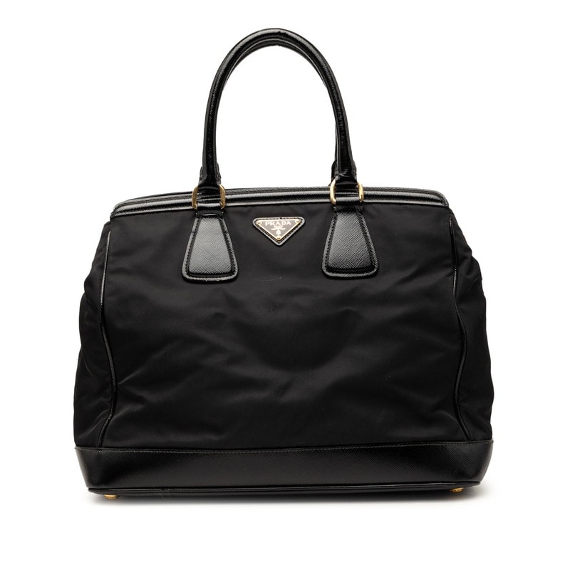 プラダ サフィアーノ 三角ロゴプレート ハンドバッグ ブラック ナイロン レザー レディース PRADA 【中古】