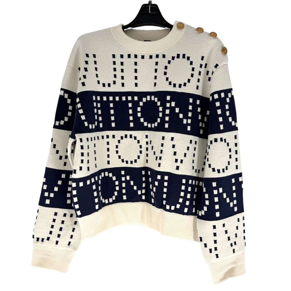 LOUIS VUITTON ルイヴィトン ニット シグネチャーチャンキーストライプ プルオーバー 長袖 アパレル 服 XS ホワイト 白 ネイビー 紺 ゴールド金具 ウール  ポリプロピレン  ナイロン  ポリウレタン レディース 秋 冬【中古品】