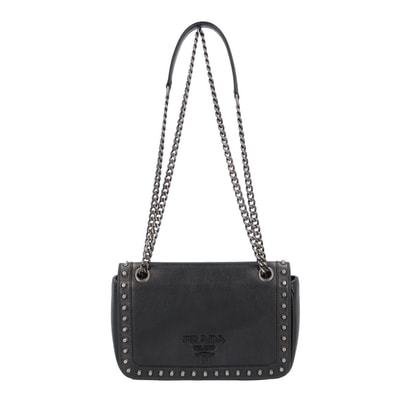 プラダ ロゴ スタッズ ショルダーバッグ レザー 1BD147 ブラック レディース PRADA 中古
