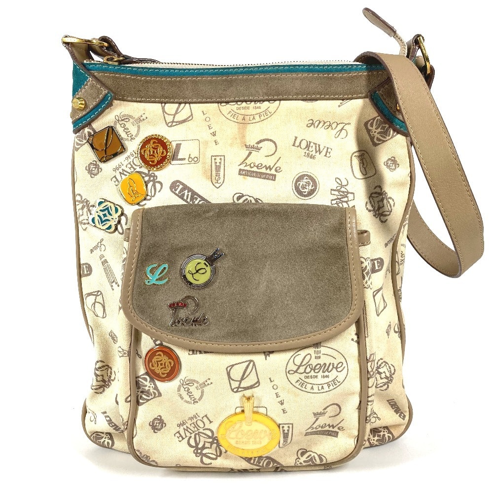 ロエベ LOEWE 160周年記念 ロゴ 斜め掛け カバン ポシェット 総柄 ショルダーバッグ レザー/キャンバス ベージュ系