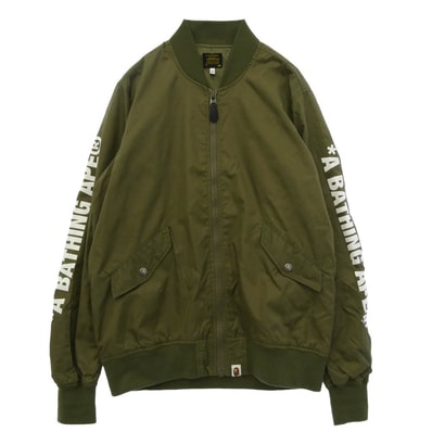 A BATHING APE アベイシングエイプ 001GDE201009X ナイロン 両袖 アーム ロゴ プリント MA-1 タイプ フライト ナイロン ジャケット ブルゾン カーキ系 M【中古】