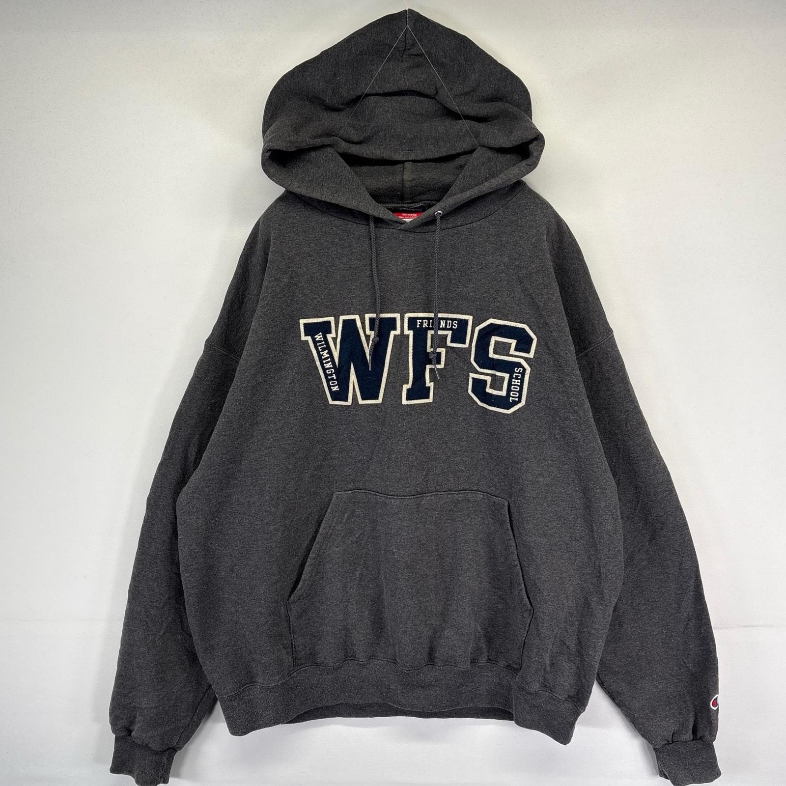 古着 チャンピオン Champion パーカー カレッジロゴ スウェット フーディ ワッペン プルオーバー XL  ダークグレー系 メンズ