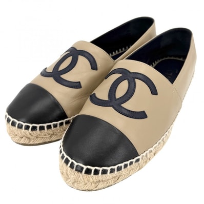 CHANEL シャネル スニーカー エスパドリーユ フラットシューズ ココマーク スリッポン 靴 38サイズ 約24.5cm G29792 レザー ベージュ ブラック 黒 レディース【中古品】