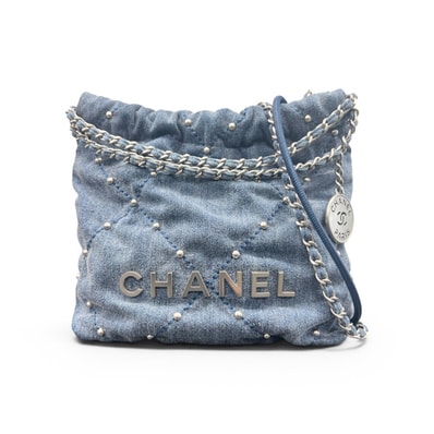 CHANEL 極美品 シャネル22 2way ミニハンドバッグ チェーンショルダーバッグ AS3980 デニム レザー ブルー シルバー金具 スタッズ ホーボーバッグ ポシェット 巾着 ココマーク Aランク 鑑定済 中古 シャネルバッグ